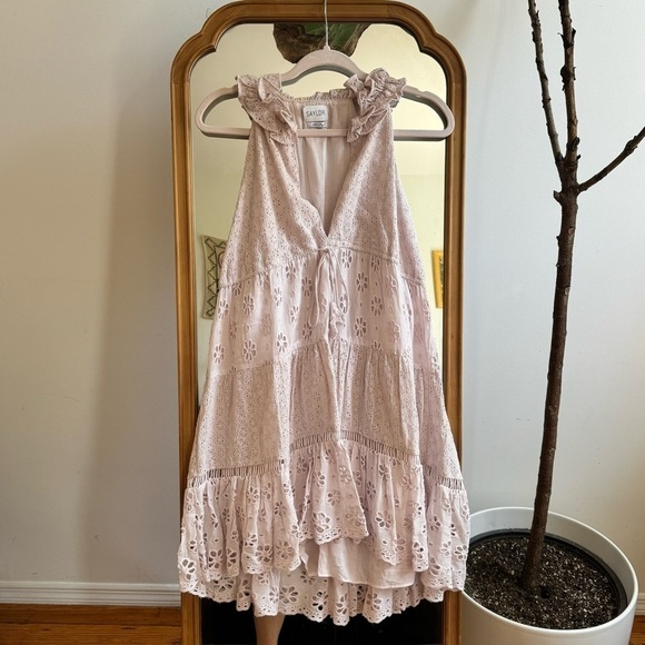 Saylor Jessika Mixed Eyelet Dress Blush Mini Ruffles Sleeveless Tie Waist Small - Picture 3 of 5